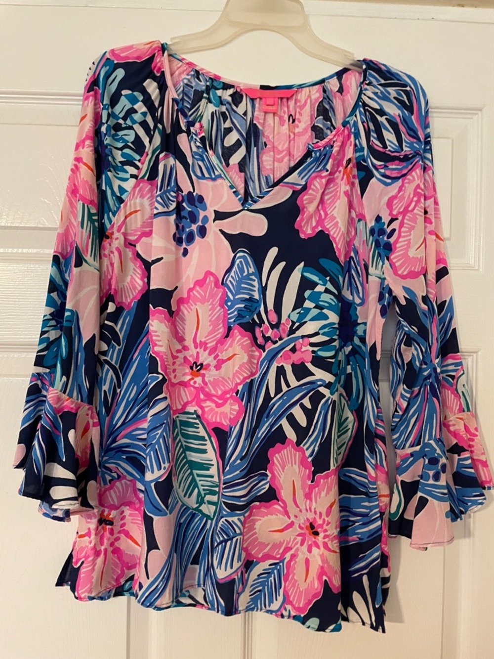 Lilly Pulitzer Pink Navy Blue Floral Bell-Sleeve Blouse